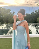 Modest Mermaid Strapless Light Sky Blue Chiffon Drop Waist Long Prom Dresses Senior Graduation Dance Evening Outfits HZ0311