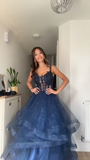 Unique Ball Gown Spaghetti Straps Navy Blue Tulle Lace Prom Dresses Party Dress 21st Birthday Outfits Graduation Dress HZ0311