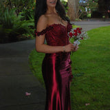 Unique Mermaid Off The Shoulder Burgundy Wine Dark Red Lace For Teens Long Evening Dresses Prom Dress HZ0311