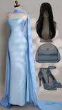 Modest Mermaid Strapless Light Sky Blue Satin With Scarf Long Prom Dresses Senior Graduation Dance Evening Outfits HZ0311