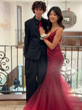 Modest Mermaid Spaghetti Straps Burgundy Lace Tulle Prom Dresses Inspiration Prom Dress Princess Graduation Dress HZ0311
