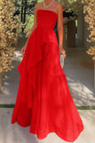 Graceful A line Strapless Red Chiffon Sleeveless Pleated Prom Dress Formal Evening Dress Party Gowns HZ0311