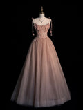 Modest Ball Gown Spaghetti Strap Pink Tulle With Flowers Long Prom Dresses Senior Graduation Dance Evening Outfits HZ0311