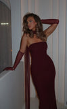 Modest Mermaid Strapless Burgundy Satin With Scarf Prom Dresses Long Birthday Party Dress Evening Dresses HZ0311