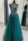 Classy Ball Gown Silver Beaded Halter Green Tulle Prom Dress Aesthetic For Teens Formal Dress Party Outfits Prom Gowns HZ0311