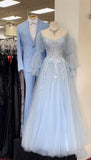 Modest A Line Sweetheart Light Sky Blue Tulle With Sleeves Long Prom Dresses Senior Graduation Dance Evening Outfits HZ0311