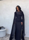 Women's Cocktail Party Gowns 90s Sheath Black Chiffon With Long Sleeves Cape Long Graduation Dinner Outfits Prom Dresses HZ0311