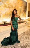 Flattering Mermaid Strapless Black Girls Velvet Dark Green With Lace Bodice Prom Dresses Long Birthday Party Dress Evening Dresses HZ0311