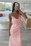 Sheath Spaghetti Straps Satin Long Prom Dresses With Pearls For Women HZ0311