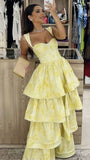 Yellow Printing Yellow Satin A-Line Tiered Sleeveless Long Prom Formal Dress Vestidos De Dia HZ0311