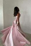 Women Elegant Pink A-Line Strapless Satin Party Dress with Appliques and Detachable Train Evening Gowns HZ0311
