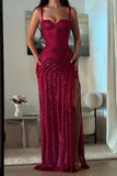 Hot Pink Glitter Bodycon Prom Dresses 2026 with Sweetheart Neck Spaghetti Straps Ruched Side Slit Vestidos Evening Gowns HZ0311