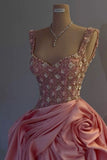 Women Square Straps Floral Beaded Ruched A-Line Prom Dresses Evening Gowns HZ0311