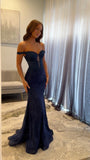 Navy Blue Mermaid Lace Appliques Prom Dresses Long for Women 2026 Off the Shoulder Illusion Formal Vestidos De Dia HZ0311