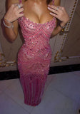Gorgeous Mermaid Pink Spaghetti Straps Sequin Beaded Long Evening Dress Formal Party Gown Formal Vestidos De Dia HZ0311