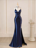 Women Royal Blue Prom Dress with Corset Satin Spaghetti Straps Party Dress with Slit Vestidos De Dia Evening Gown HZ0311