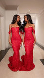 Gorgeous Mermaid Off The Shoulder Red Sequins Beaded Bodice Prom Dresses Long Formal Party Gown HZ0311