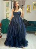 Ball Gown Strapless Marine Ball Dresses Floor Length Formal Gowns Navy Blue Tulle Prom Dresses Evening Dress HZ0311