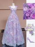 Cute Ball Gown Straps Lace Floral Lilac Prom Dresses Inspo For Teens Formal Dress Party Outfits Prom Gowns HZ0311