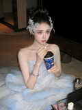 Princess Wedding Dresses Ball Gown Strapless Light Blue Tulle Pleated Brides Dress Style For Brides Fitted Long Bridal Gowns HZ0311