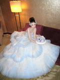 Princess Wedding Dresses Ball Gown Strapless Light Blue Tulle Pleated Brides Dress Style For Brides Fitted Long Bridal Gowns HZ0311