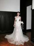 Princess Wedding Dresses Mermaid One Shoulder Lace Tulle White Brides Dress For Brides Fitted Long Bridal Gowns HZ0311