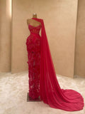 Classy Elegant Mermaid Sweetheart Marine Ball Dresses Long Dinner Formal Gowns Hot Pink Lace With Leg Slit Prom Dresses Evening Outfit HZ0311
