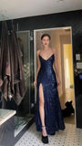 Sexy Black Spaghetti Straps Black Sequin With Slit Lace-Up Mermaid Long Prom Dresses HZ0311