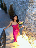 Modest Mermaid Strapless Satin Pink Sequins Lace Prom Dresses With Beads Party Dress Evening Dresses HZ0311