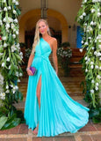 Modest A Line One Shoulder Blue Chiffon Slit Long Prom Dresses Split Side Prom Gowns HZ0311