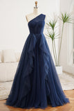 Ball Gown One Shoulder Marine Ball Dresses Floor Length Formal Gowns Tulle Navy Blue Prom Dresses Evening Dress HZ0311