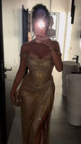 Sexy Mermaid Off The Shoulder Gold Sequin With Split Beaded Prom Dresses Long Evening Formal Gown Wedding Party Gowns HZ0311
