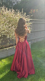 Simple A Line Burgundy Satin Long Prom Dresses with High Slit Inspo Evening Dress HZ0311