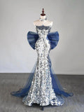 Glitter Silver Sequins Mermaid Evening Dress Long Prom Dress With Bow For Teenagers High Schools HZ0311
