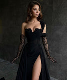 Elegant Long Black One Shoulder Sleeveless Lace Prom Dresses With Split 18th Birthday Outfits HZ0311