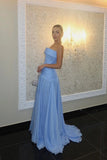 Gorgeous Chic Blue Strapless Sleeveless A Line Long Prom Dresses With Pleated Formal Gowns HZ0311