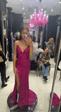 Modest Mermaid Spaghetti Straps Hot Pink With Slit Pleated Long Sequin Sparkly Formal Gowns Prom Dresses Prom Gowns HZ0311
