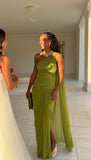 Sexy Sheath One Shoulder Green Chiffon Slit Long Prom Dresses For High School People Girls Formal Evening Wedding Guest Gown HZ0311