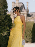 Elegant A line Halter Yellow Prom Dresses Chiffon Pleated Ruffle Formal Evening Dress Party Gowns HZ0311