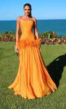 Elegant A line Prom Dresses With Feathers Chiffon Pleated Ruffle Strapless Orange Formal Evening Dress Party Gowns HZ0311