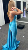 Modest Senior Prom Dresses High Schools Inspiration Mermaid Backless Blue Satin With Pleated Semi Formal Grad Long Prom Dress For Teens HZ0311
