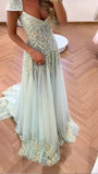 Vintage A Line V Neck Light Sky Blue Tulle Long Prom Dresses Party Dress 21st Birthday Outfits Graduation Dress HZ0311