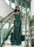 Luxury One Shoulder Satin Beaded Evening Dress Emerald Green Mermaid Prom Dresses HZ0311
