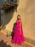 Modest A Line Sweetheart Hot Pink Chiffon Prom Dresses Inspo Simple Long Prom Gowns With Scarf HZ0311