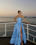 Modest Senior Prom Dresses High Schools Inspiration A line Strapless Blue Satin With Slit Semi Formal Grad Long Prom Dress For Teens HZ0311