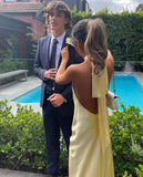 Simple Mermaid Halter Slim Yellow Silky Satin Long Formal Fancy Prom Backless Evening Dress Dinner Outfits Classy Party Gowns HZ0311