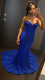 Elegant Mermaid Sweetheart Royal Blue Sequins Black Women Party Dresses Long Formal Prom Dresses 22th Birthday Gown HZ0311