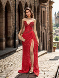 Red Strapless Beaded Fringe Waist Sequin Prom Dress with High Slit For Women HZ0311