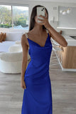 Sheath Spaghetti Straps Satin Long Prom Dresses With Pearls For Women HZ0311