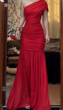 Simple Mermaid One Shoulder Red With Ruffles Long Prom Dresses Impress Wedding Guest Dress Party Gown HZ0311